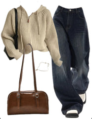 OOTD: Hooded Cardigan + Boyfriend Jeans + Pu Leather Shoulder Bag
