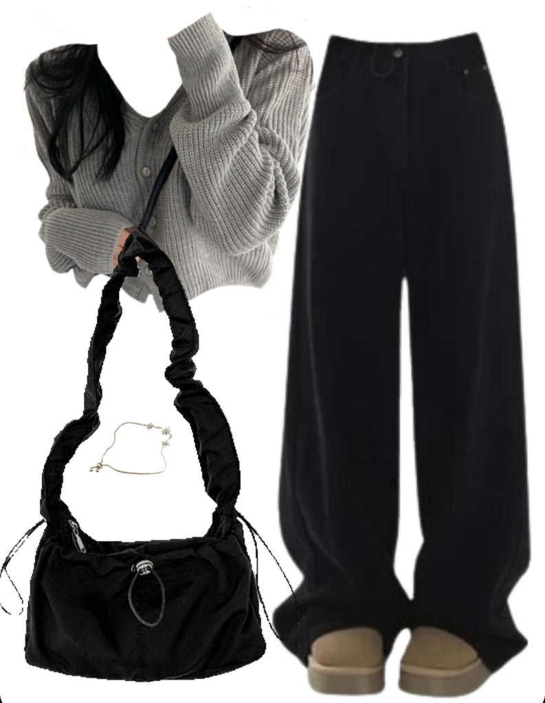 OOTD: Button Cardigan + Baggy Boyfriend Jeans + String Shoulder Bag