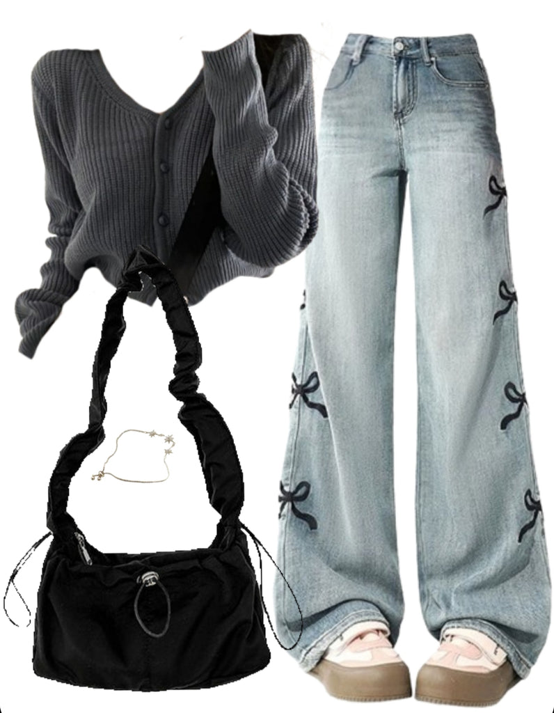 OOTD: Button Cardigan + Boyfriend Jeans + String Shoulder Bag