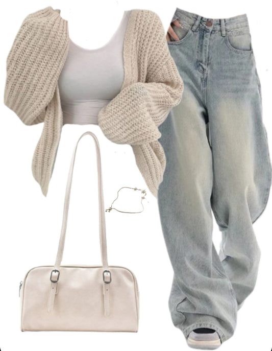 OOTD: Open Front Knit Cardigan + Boyfriend Jeans + Leather Shoulder Bag
