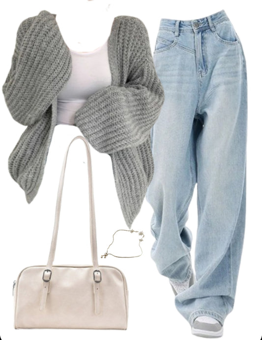 OOTD: Open Front Knit Cardigan + Baggy Boyfriend Jeans + Leather Shoulder Bag