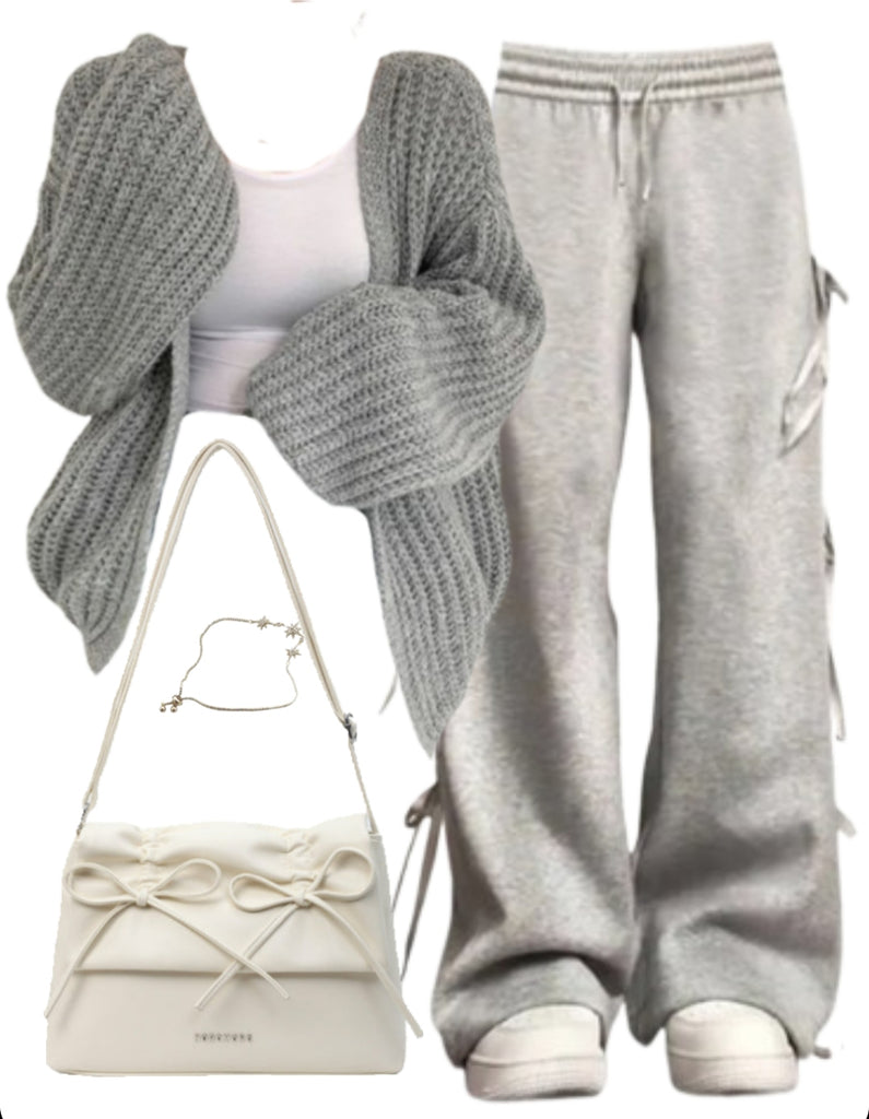 OOTD: Open Front Knit Cardigan + Bow Tie Sweatpants + Leather Shoulder Bag