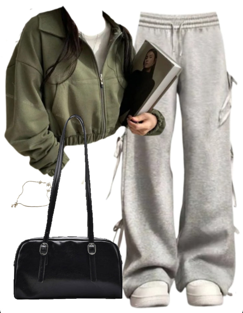 OOTD: Crop Zip Up Jacket + Bow Tie Sweatpants + Leather Shoulder Bag