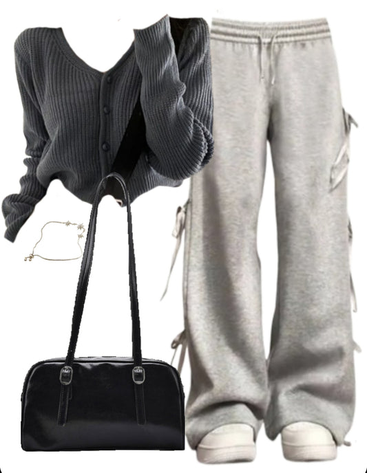 OOTD: Knitted Button Cardigan + Bow Tie Sweatpants + Shoulder Bag