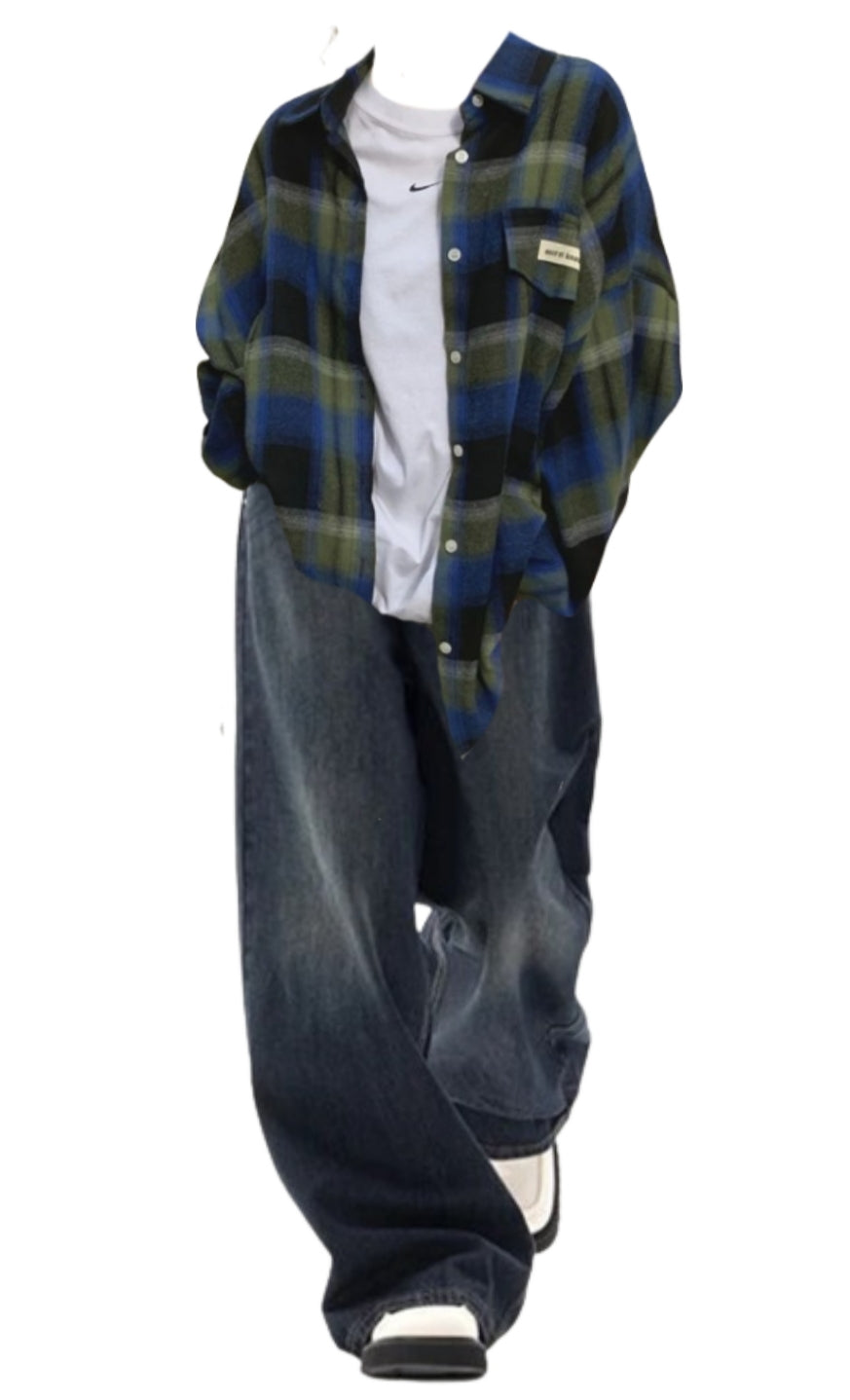 OOTD: Vintage Plaid Long Sleeve Blouse + Vintage Blue 90s Boyfriend Jeans