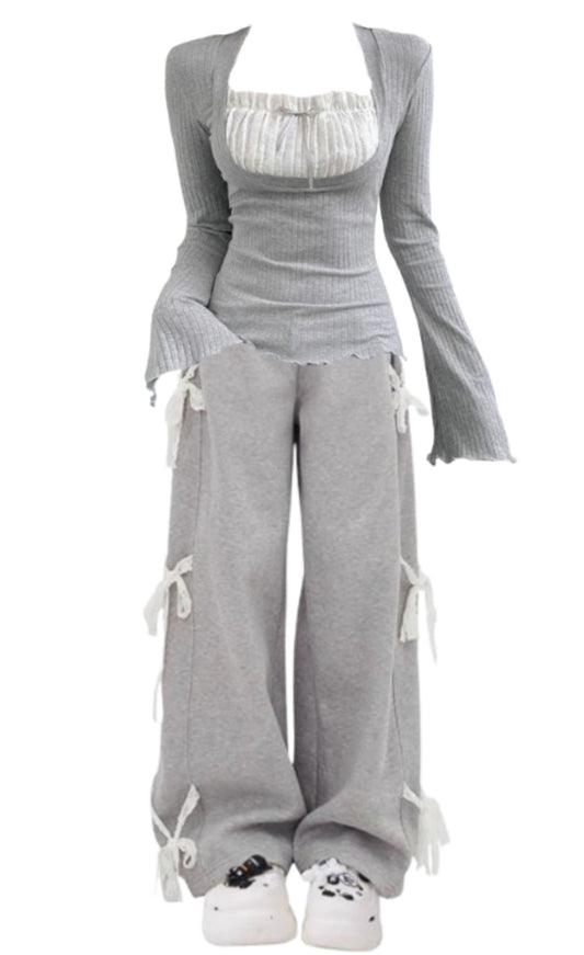 OOTD: Fungus He Long Sleeve Tee + Side Lace Bow Tie  Baggy Sweatpants