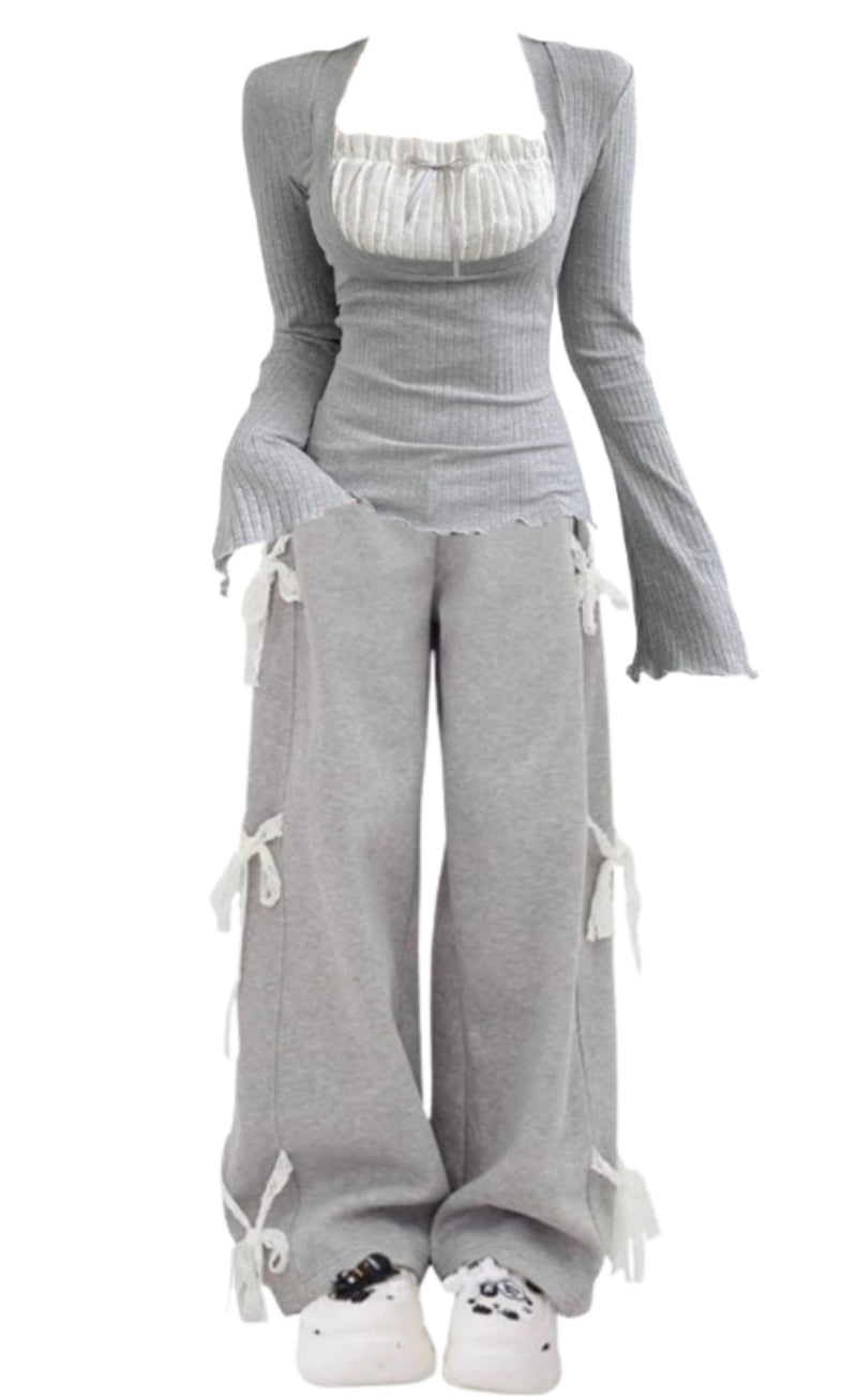 OOTD: Fungus He Long Sleeve Tee + Side Lace Bow Tie  Baggy Sweatpants