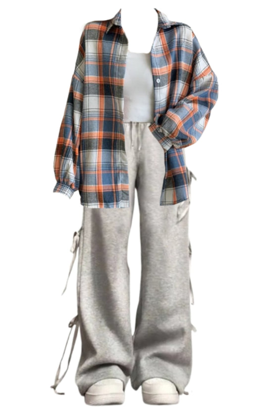 OOTD: Vintage Plaid Oversized Loose Blouse + Street Side Bow Tie Sweatpants