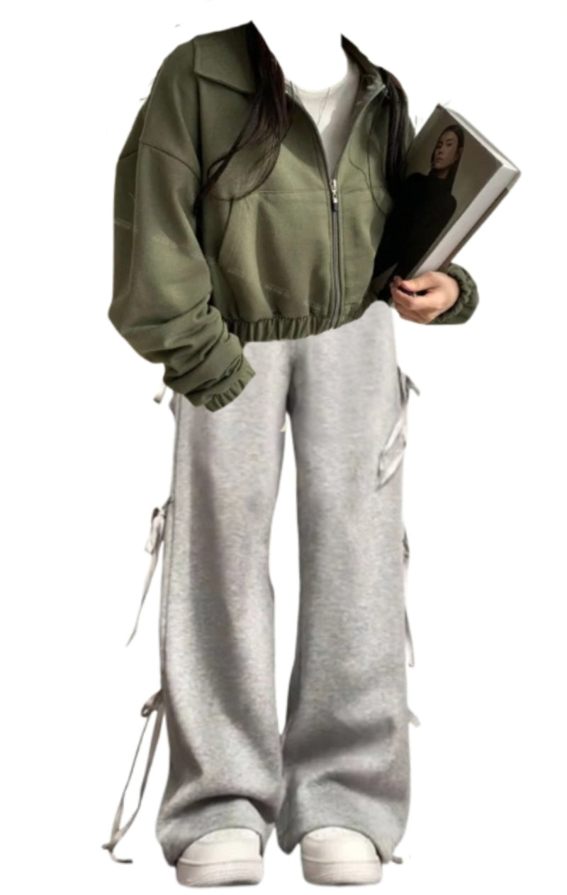 OOTD: Solid Color Crop Zip Up Jacket + Street Side Bow Tie Sweatpants