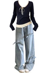 OOTD: Front Tie Long Sleeve Tee + Denim Bow High Waist Wide Leg Jeans
