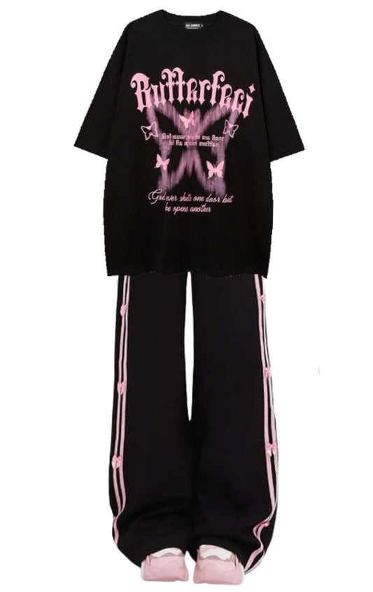 OOTD: Butterfly Print Oversized T-shirt + Striped Side Bow Sweatpants - fairypeony