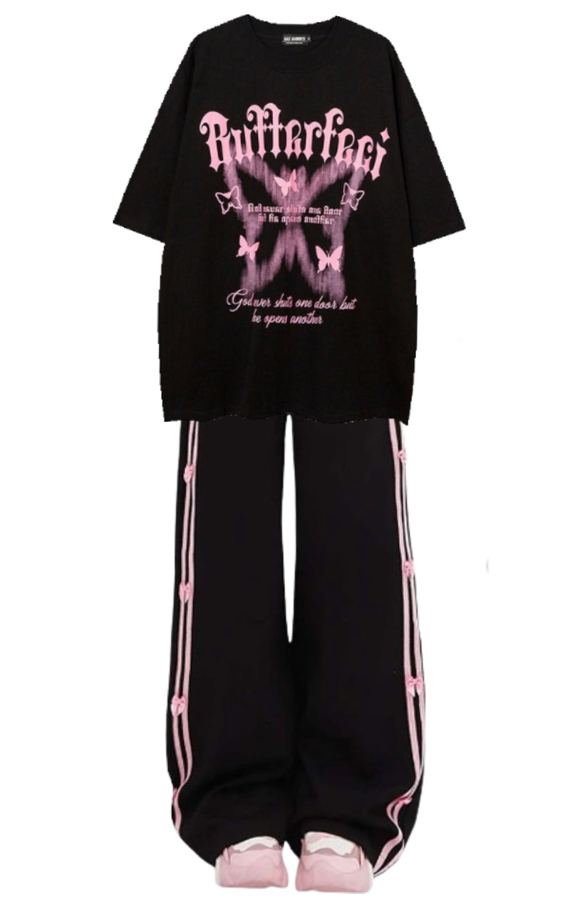 OOTD: Butterfly Print Oversized T-shirt + Striped Side Bow Sweatpants