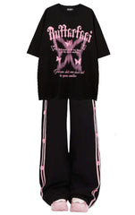 OOTD: Butterfly Print Oversized T-shirt + Striped Side Bow Sweatpants - fairypeony