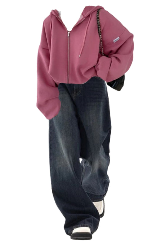 OOTD: Solid Color Oversized Zip Up Hoodie + Vintage Blue 90s Boyfriend Jeans