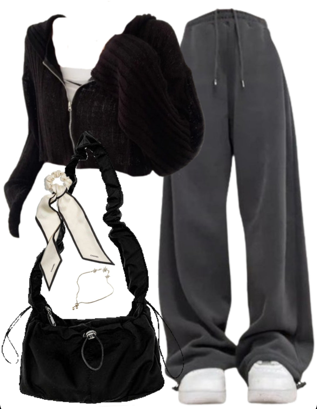 OOTD: Zip Up Hoodie + Baggy Sweatpants + Shirring String Shoulder Bag
