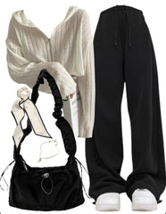 OOTD: Zip Up Hoodie + Baggy Sweatpants + Ribbon Shirring String Shoulder Bag