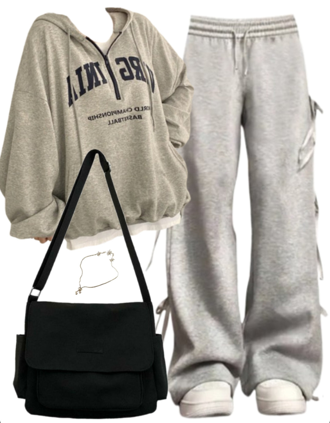 OOTD: Zipper Hoodie + Bow Tie Sweatpants + Large Canvas Satchel Bag