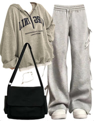 OOTD: Zipper Hoodie + Bow Tie Sweatpants + Large Canvas Satchel Bag