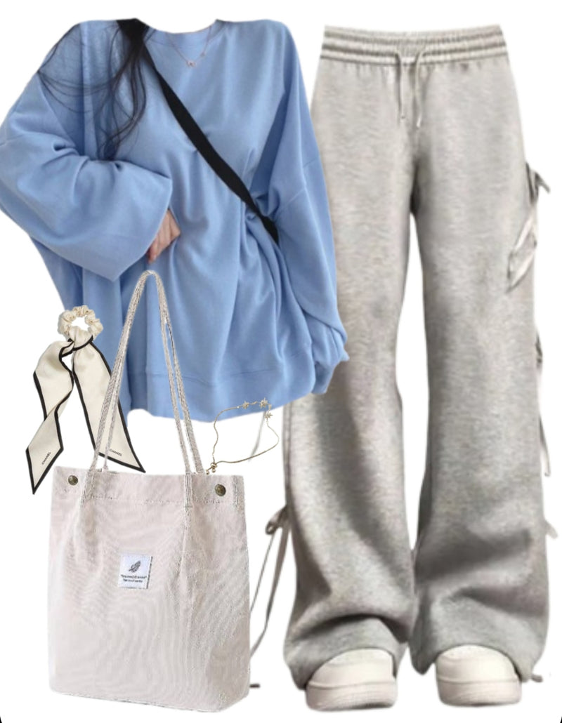 OOTD: Oversized Sweatshirt + Bow Tie Sweatpants + Corduroy Tote Bag