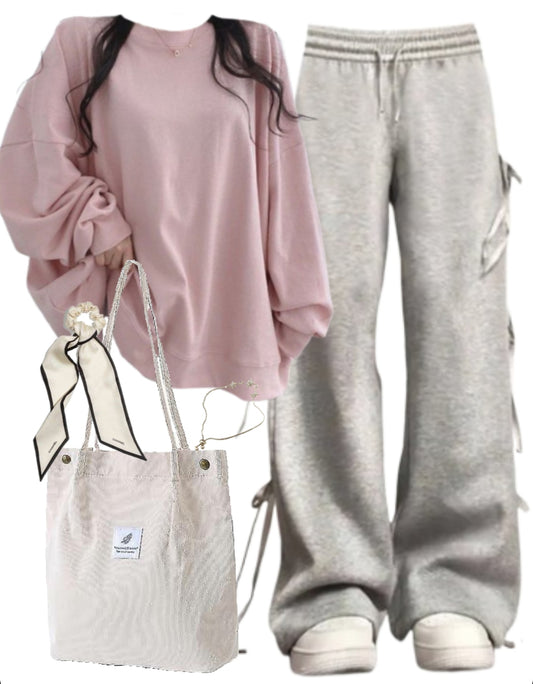 OOTD: Oversized Sweatshirt + Bow Tie Sweatpants + Logo Corduroy Tote Bag