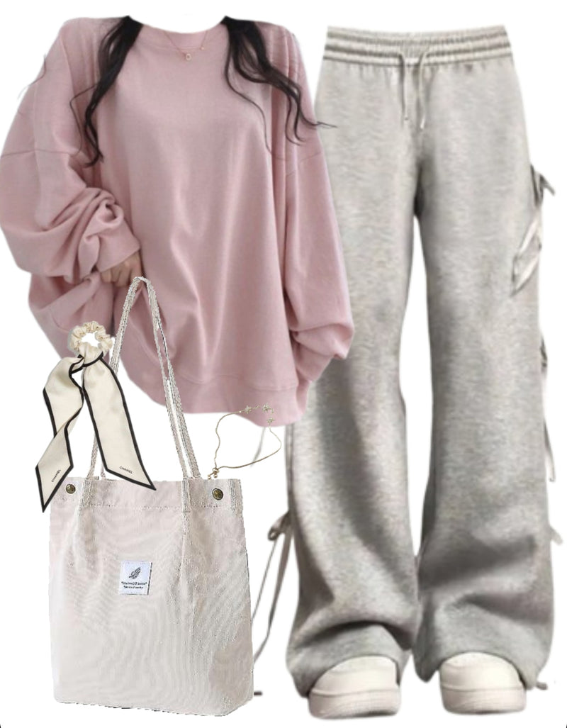 OOTD: Oversized Sweatshirt + Bow Tie Sweatpants + Logo Corduroy Tote Bag
