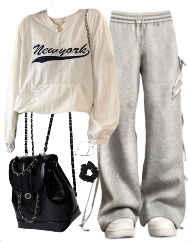 OOTD: Embroidered Sweatshirt + Bow Tie Sweatpants + Mini Pu Leather Backpack