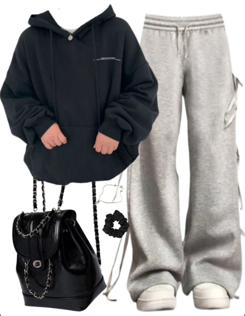 OOTD: Moon Print Hoodie + Bow Tie Sweatpants + Pu Leather Backpack