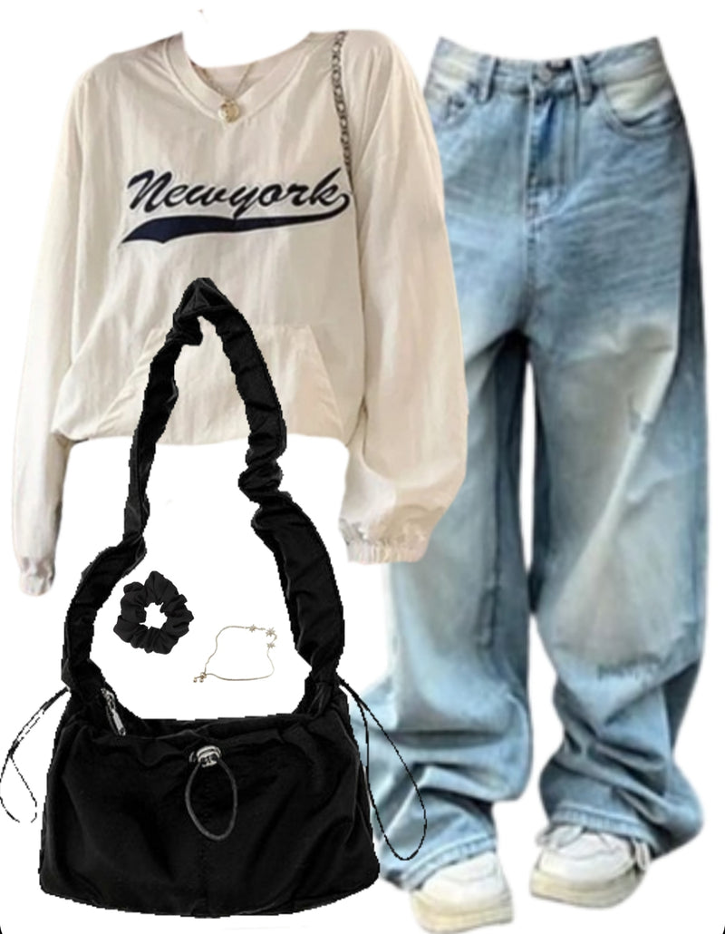 OOTD: Embroidered Sweatshirt + Baggy Jeans + String Shoulder Bag