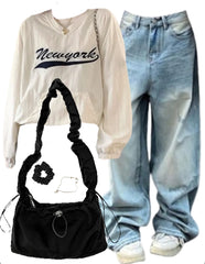 OOTD: Embroidered Sweatshirt + Baggy Jeans + String Shoulder Bag