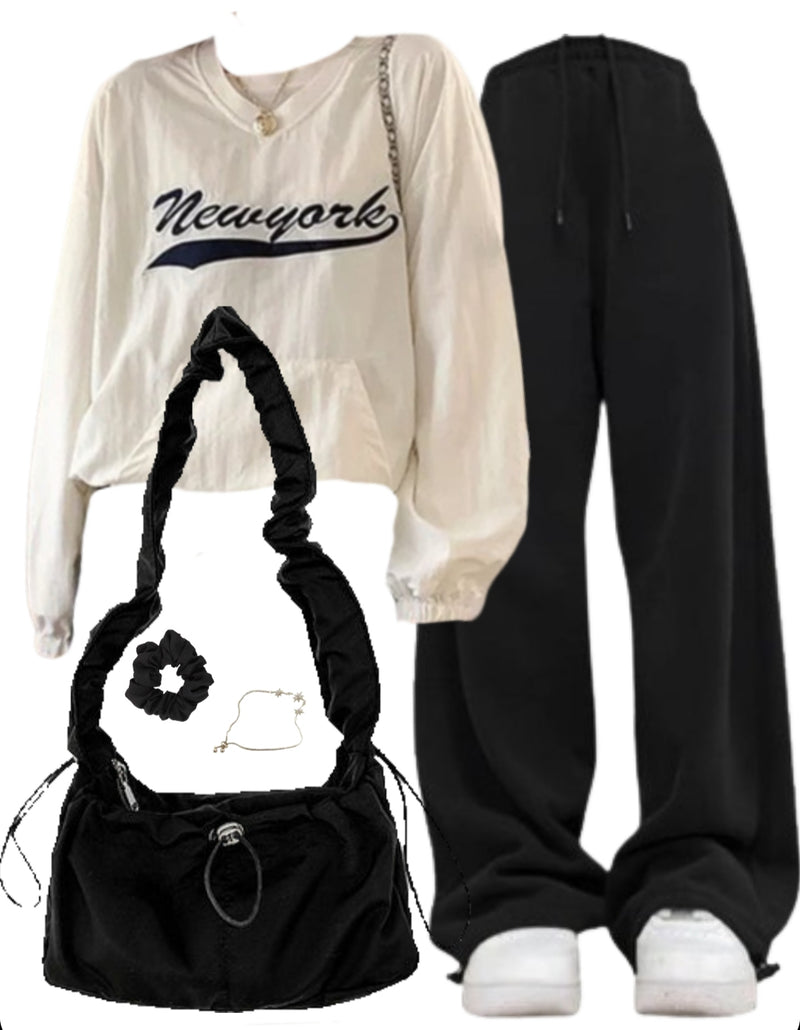 OOTD: Embroidered Sweatshirt + Baggy Sweatpants + String Shoulder Bag