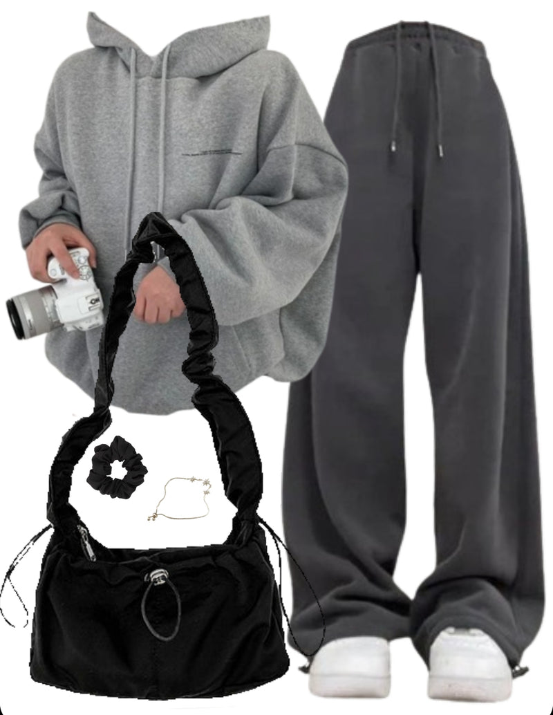 OOTD: Moon Print Pullover Hoodie + Baggy Sweatpants + String Shoulder Bag