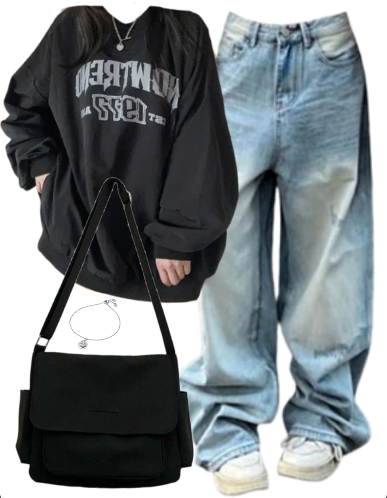 OOTD: Round Neck Sweatshirt + Washed Baggy Jeans + Large Canvas Satchel Bag