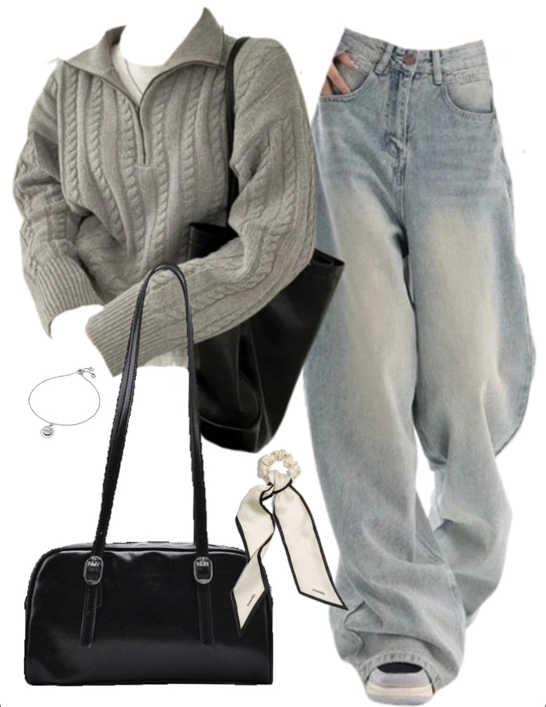 OOTD: Cable Knit Sweater + Baggy Boyfriend Jeans + Pu Leather Shoulder Bag