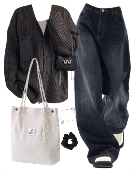 OOTD: Oversized Cardigan + Vintage Blue 90s Boyfriend Jeans + Logo Corduroy Tote Bag