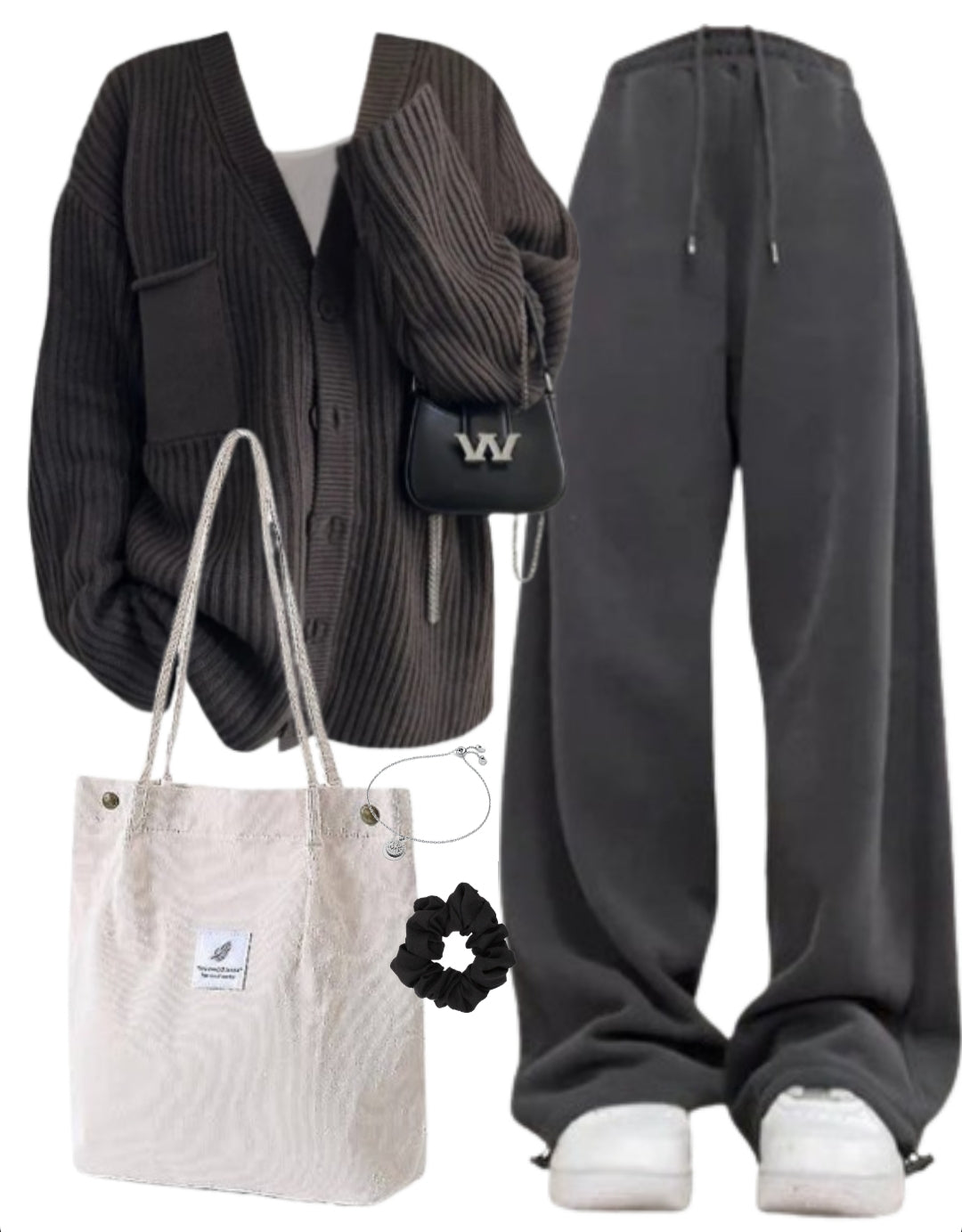 OOTD: Oversized Cardigan + Baggy Sweatpants + Logo Corduroy Tote Bag