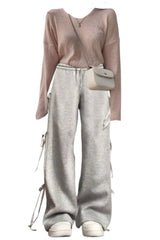 OOTD: Solid Color V-Neck Oversized Knitted Tee + Street Side Bow Tie Sweatpants