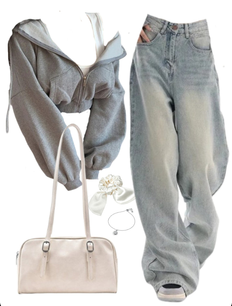 OOTD: Zip Up Cropped Hoodie + Boyfriend Jeans + Shoulder Bag