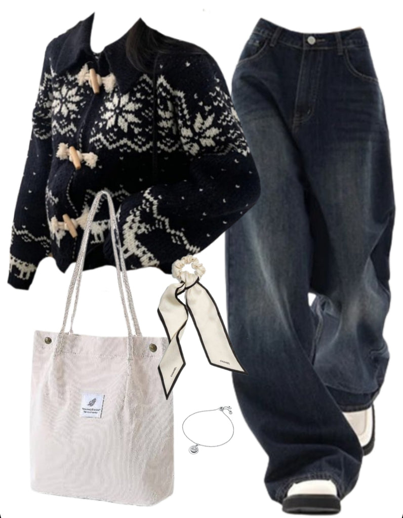 OOTD: Snowflake Horn Button Knitted Cardigan + 90s Boyfriend Jeans + Corduroy Tote Bag