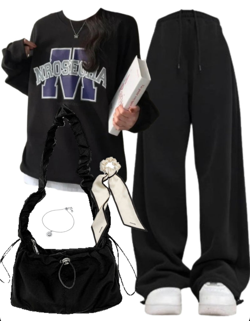 OOTD: Round Neck Sweatshirt + Baggy Sweatpants + Shirring String Shoulder Bag