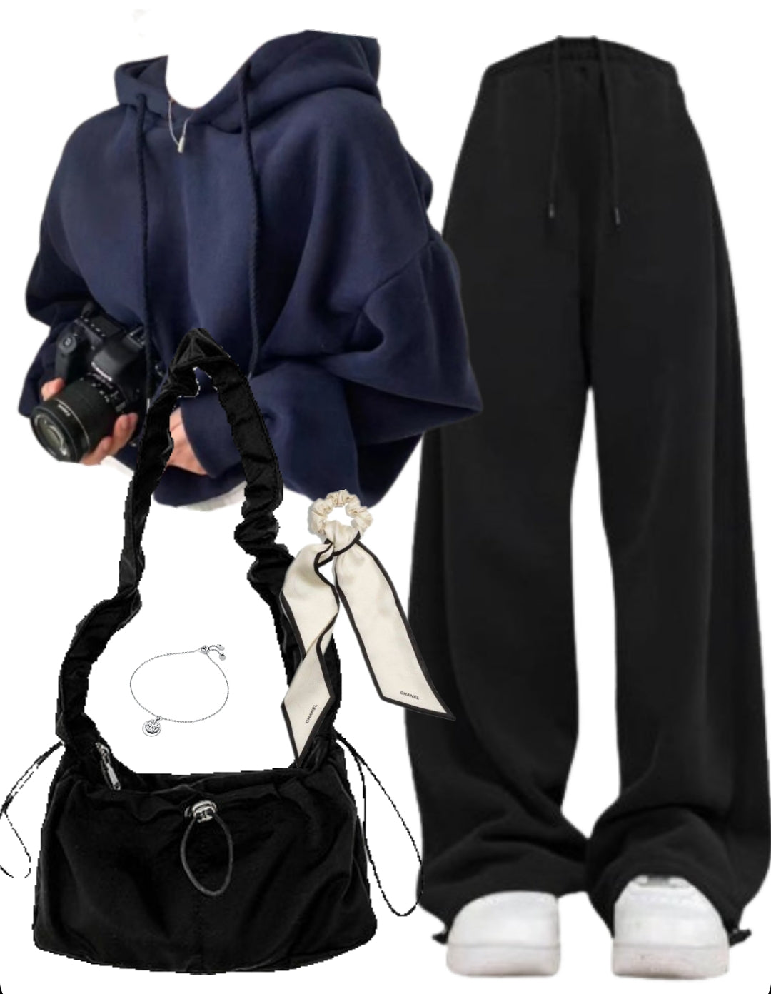 OOTD: Cropped Hoodie + Baggy Sweatpants + Ribbon Shirring String Shoulder Bag