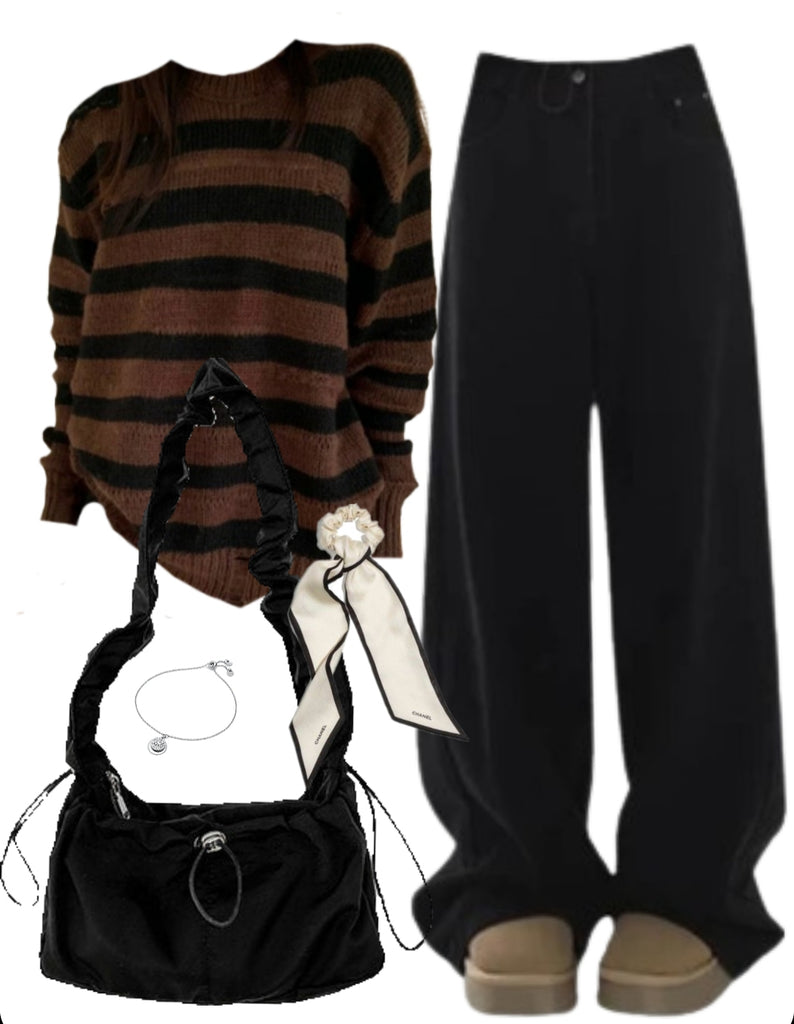 OOTD: Striped Sweater + Baggy Boyfriend Jeans + Shirring String Shoulder Bag