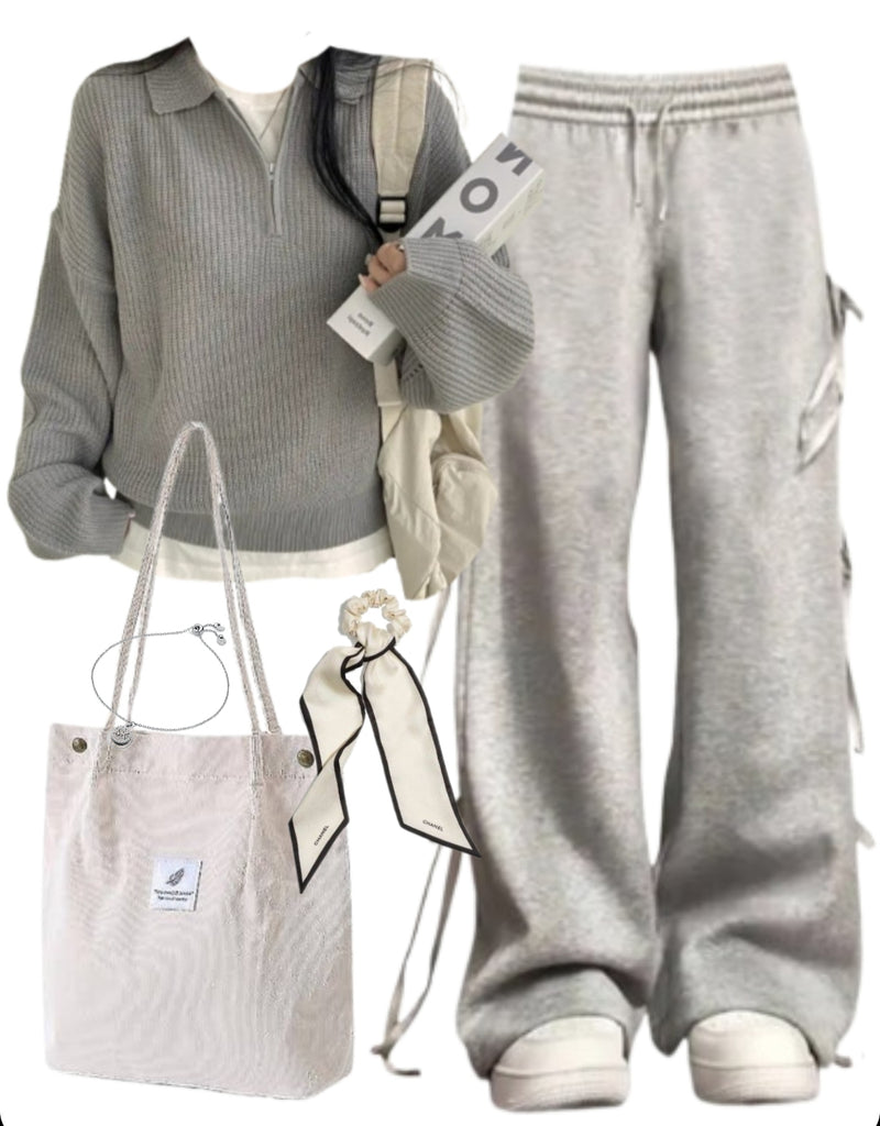 OOTD: Polo Collar Sweater + Bow Tie Sweatpants + Corduroy Tote Bag