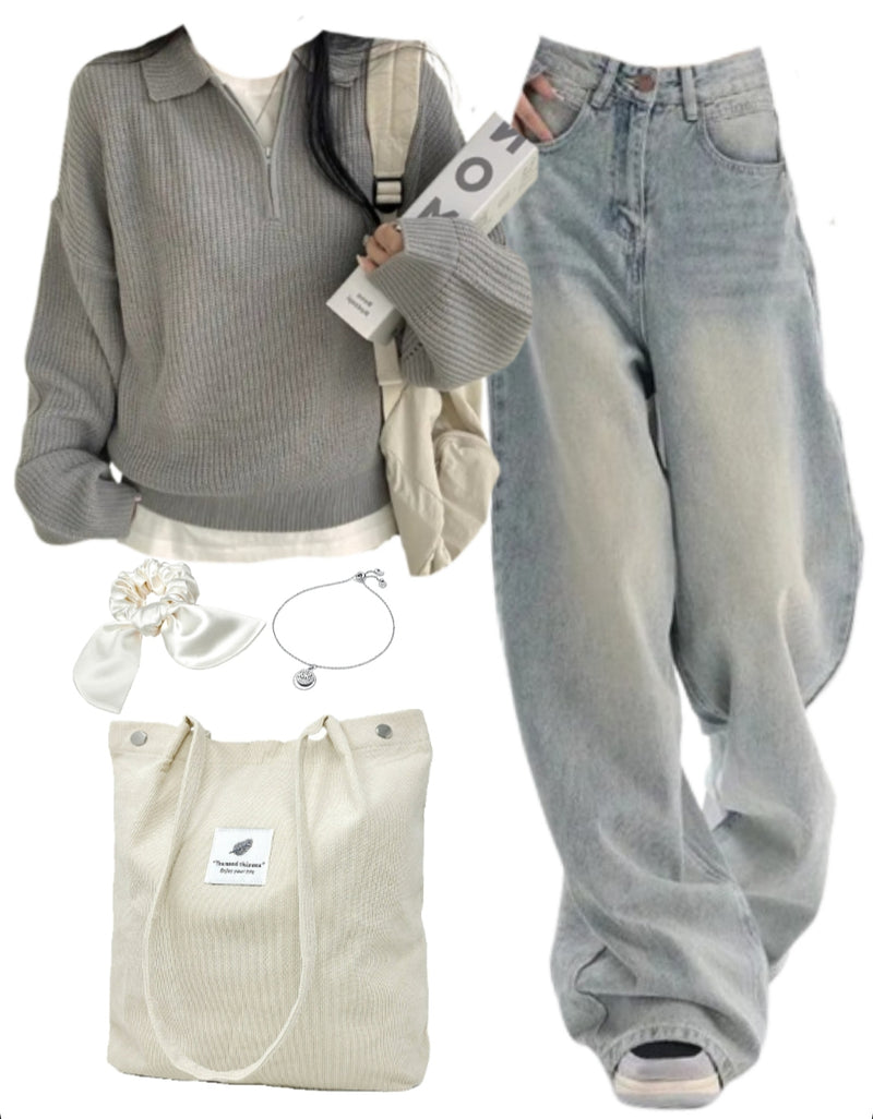 OOTD: Polo Collar Sweater + Baggy Boyfriend Jeans + Corduroy Tote Bag