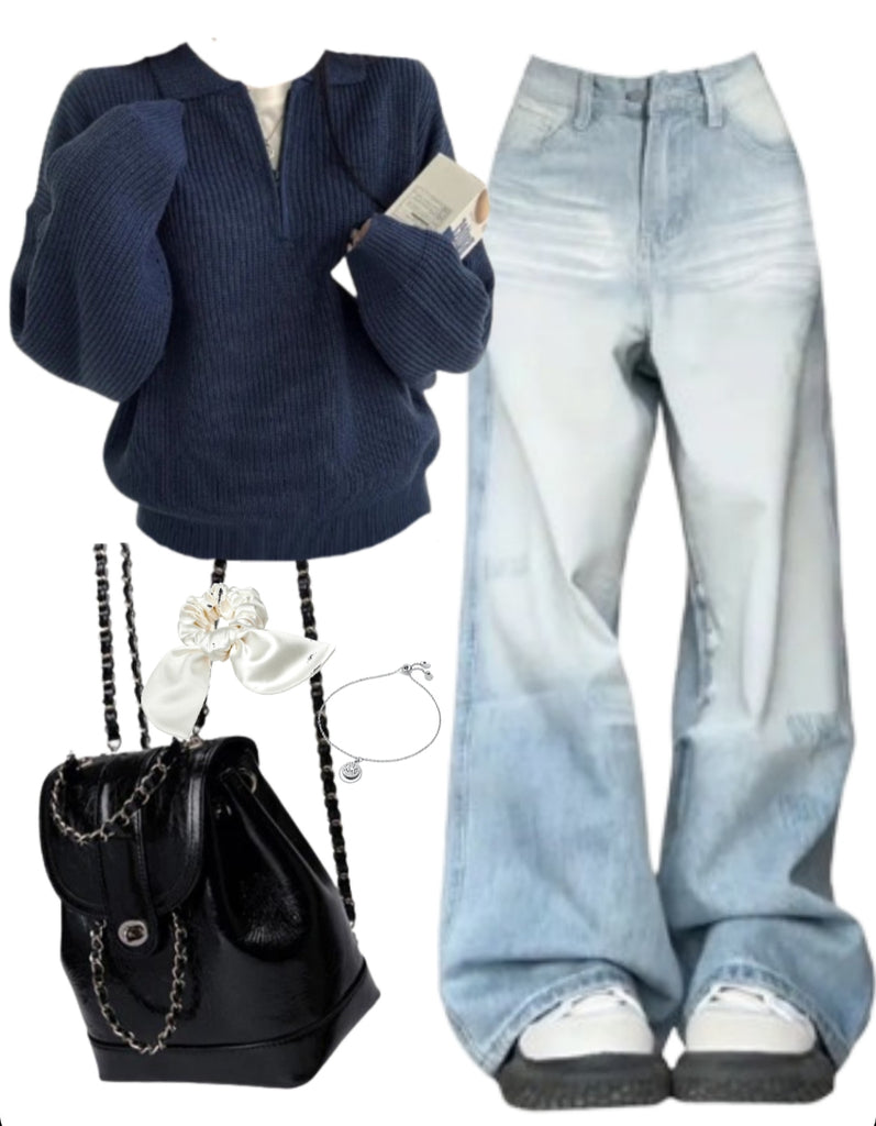 OOTD: Polo Collar Sweater + Baggy Boyfriend Jeans + Mini Pu Leather Backpack