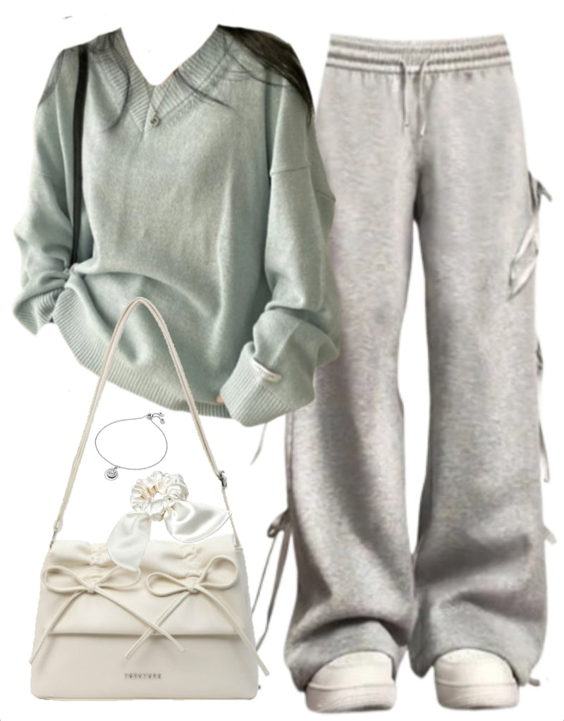 OOTD: V-Neck Pullover Sweater + Side Bow Tie Sweatpants + Shoulder Bag