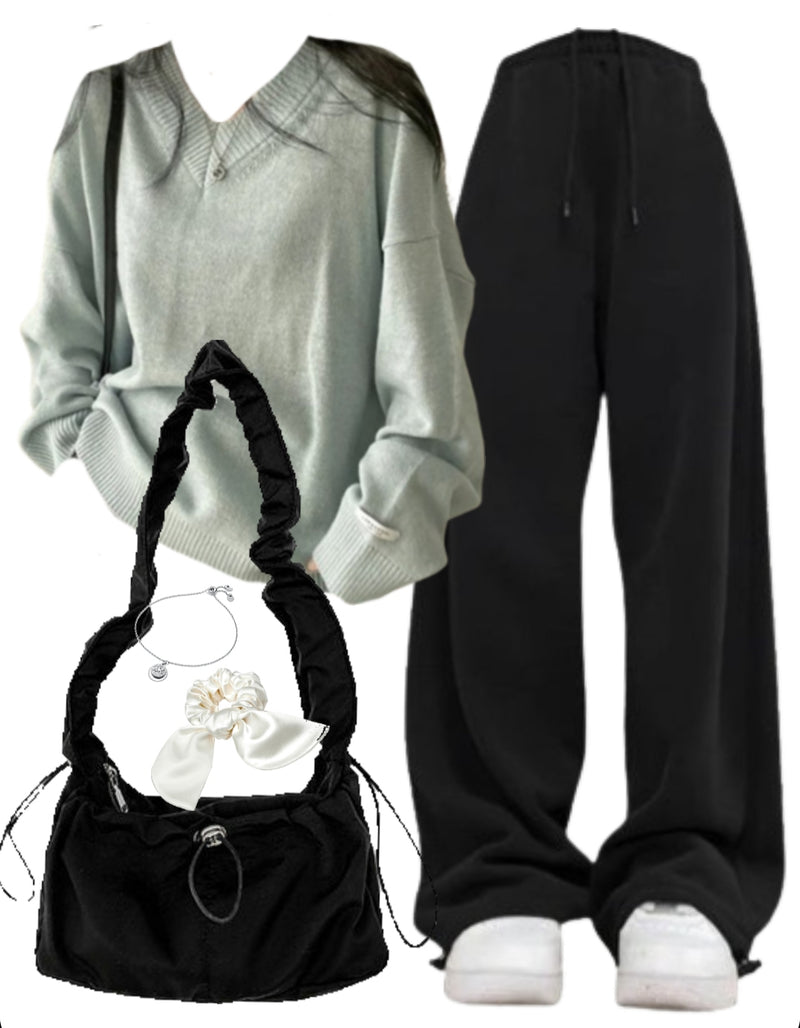 OOTD: V-Neck Pullover Sweater + Baggy Sweatpants + String Shoulder Bag