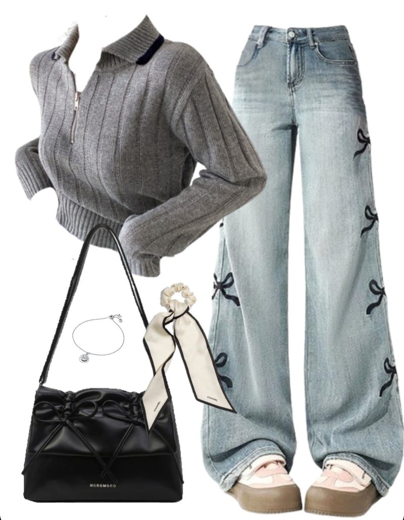 OOTD: Half Zip Up Sweater + Bow Boyfriend Jeans + Leather Shoulder Bag