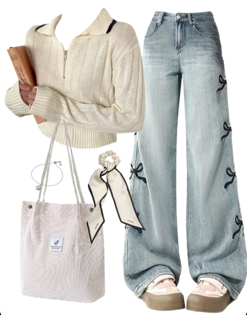 OOTD: Zip Up Sweater + Bow Jeans + Corduroy Tote Bag