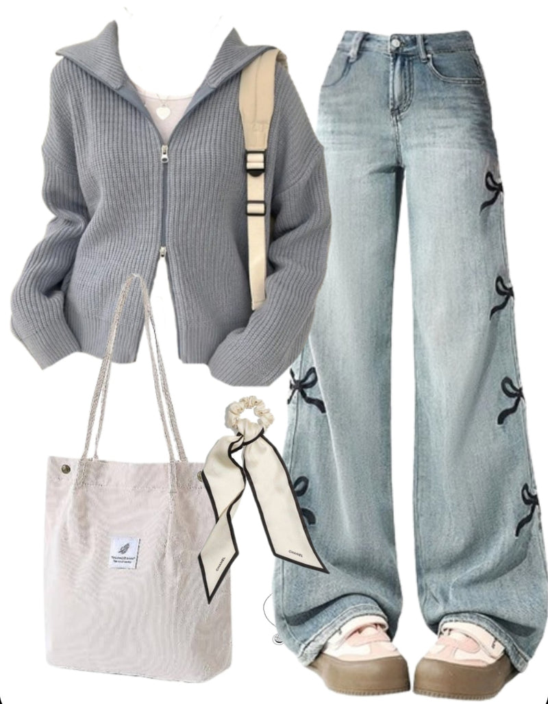 OOTD: Zip Up Cardigan + Bow Jeans + Corduroy Tote Bag