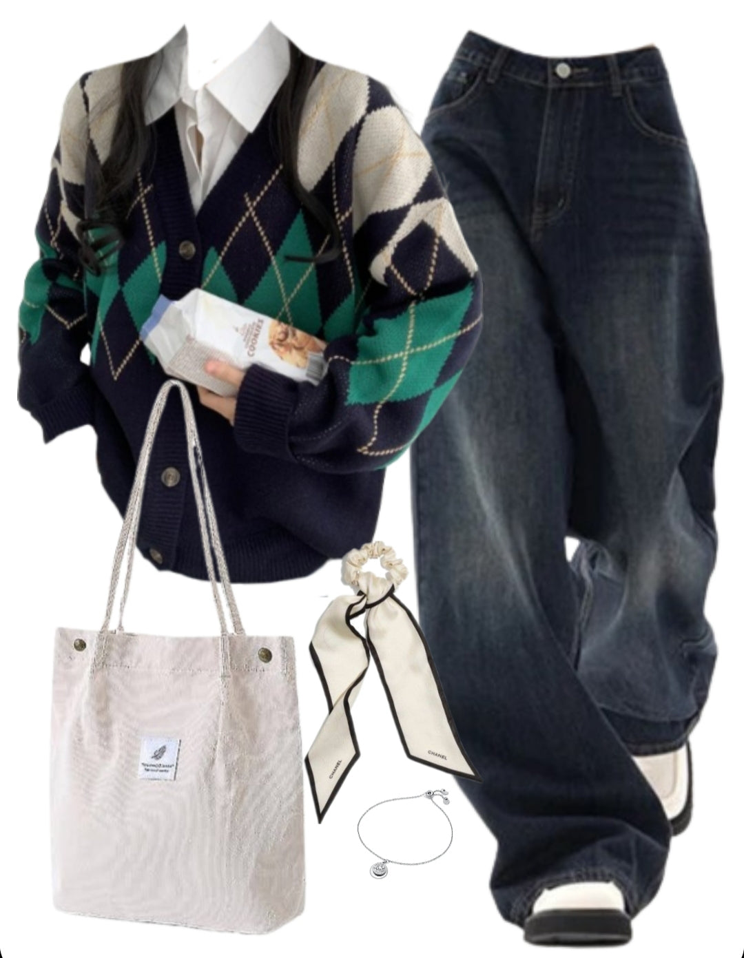 OOTD: Preppy Oversized Cardigan + Boyfriend Jeans + Tote Bag Bundle - fairypeony